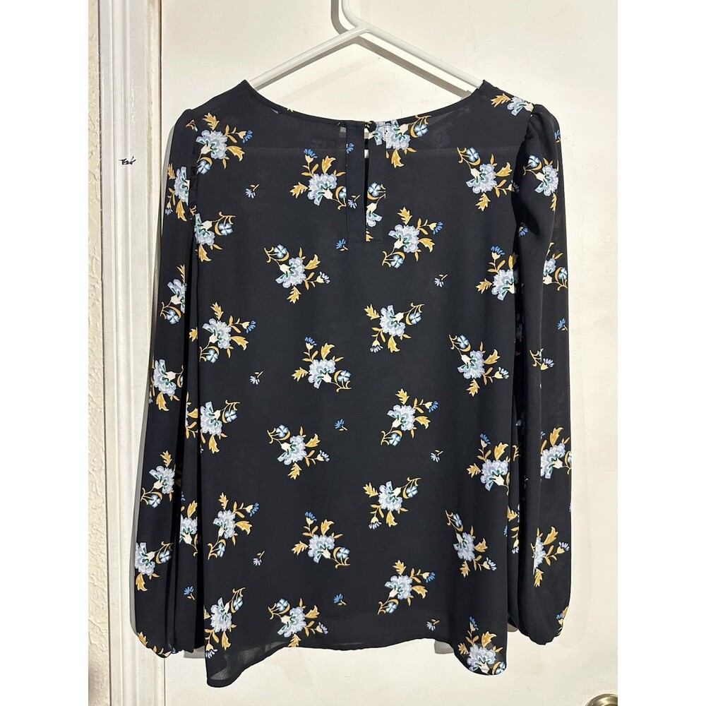 LOFT Navy Floral Flowy Long Sleeve Blouse Top Size S
